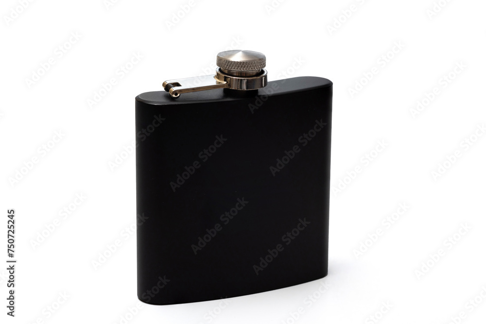 Stainless steel flask for alcoholic drinks isolated on white Stainless steel flask for alcoholic drinks isolated on white