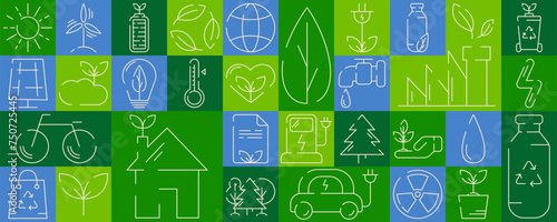 Modern geometric background. Set of line ecology icons in flat minimalist style with simple shape. For flyer, poster, banner, cover. Environment improvement, sustainability, recycle, renewable energy.