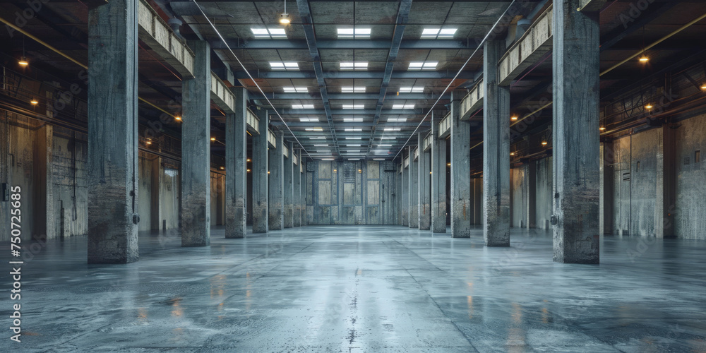empty warehouse with steel beams and concrete columns, empty industrial room banner design empty warehouse with steel beams and concrete columns, empty industrial room banner design