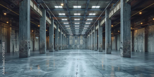 empty warehouse with steel beams and concrete columns  empty industrial room banner design