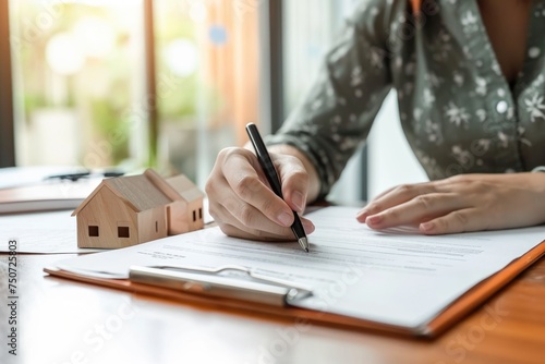 a homeowner signing mortgage documents at a bank, symbolizing the finalization of the loan agreement photo