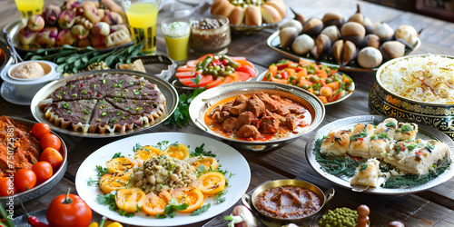 Ramadan Mubarak: Top View of Iftar Food Spread on Table, Featuring Dried Dates in White Bowl on Grey Background