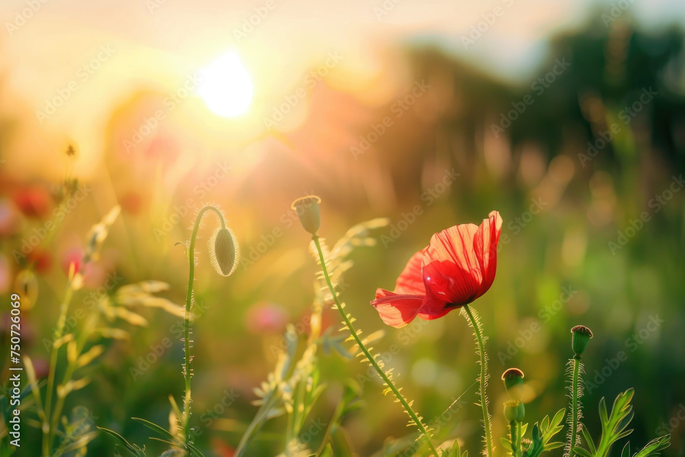 Obraz premium Beautiful meadow with red poppy flowers in the sunlight