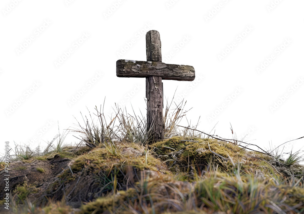 Wooden Cross on Grass Covered Hill