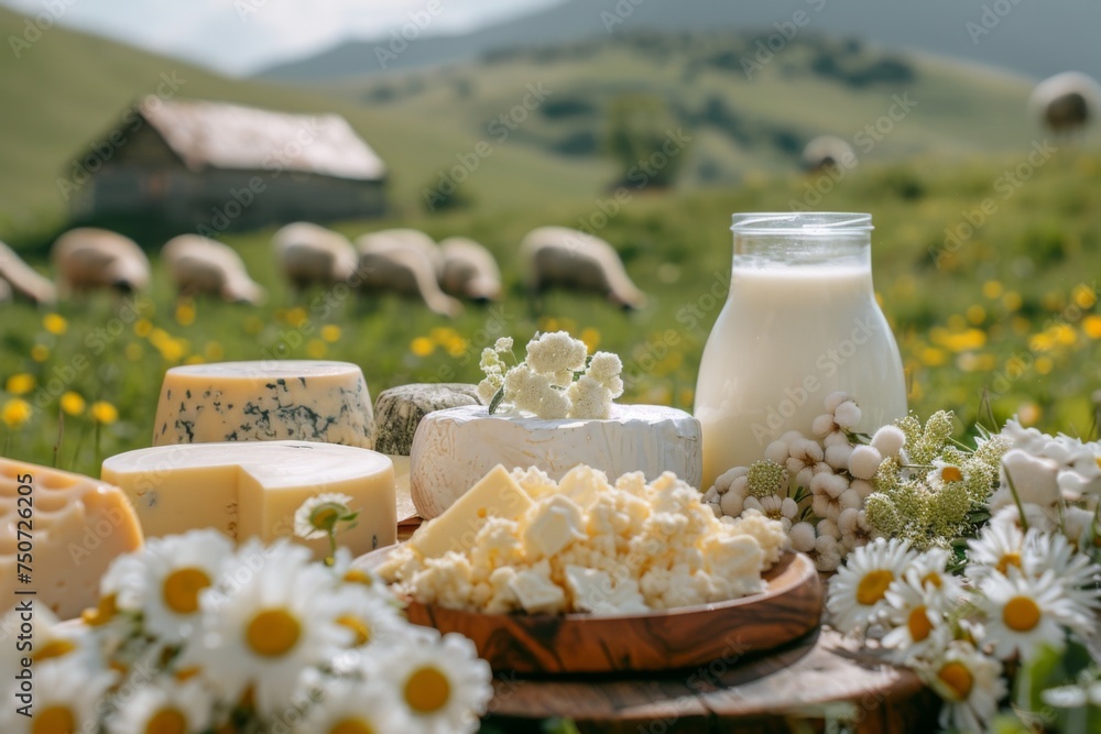 Fresh dairy products displayed on a rustic wooden table in a countryside setting Fresh dairy products displayed on a rustic wooden table in a countryside setting