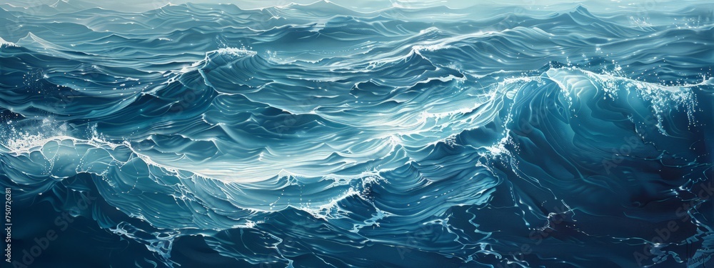 A painting depicting a large and expansive body of water, capturing the grandeur and endlessness of the open sea. - obrazy, fototapety, plakaty 