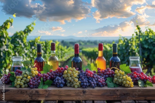 Vineyard bounty displayed with wine and grapes at sunset