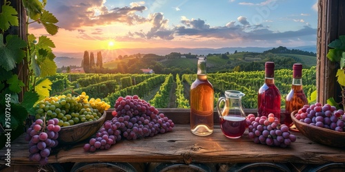 Ripe grapes and wine bottles on a wooden table, with a scenic vineyard backdrop bathed in the warm glow of the sunset.