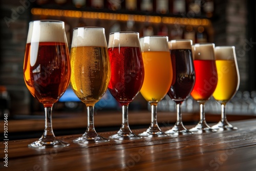 glasses, each containing a different type of beer, are lined up on a wooden bar counter, showcasing a variety of colors and foamy heads. © photolas