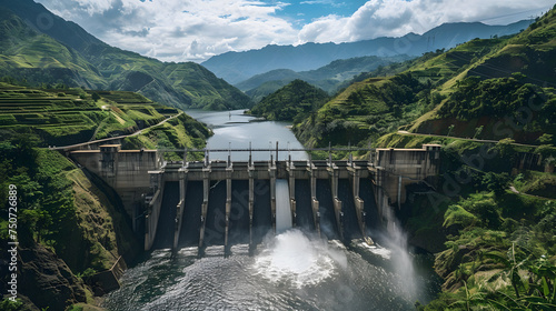 A hydroelectric dam nestled among lush green mountains photo
