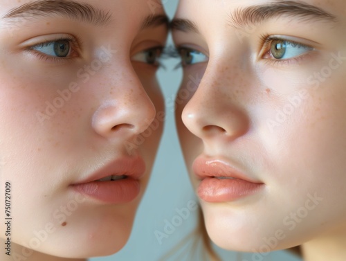 Two close-up faces of a young woman showing a serene beauty and subtle differences