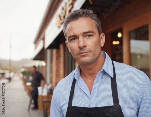 A man in apron stands in front of a his restaurant. He looks serious and focused