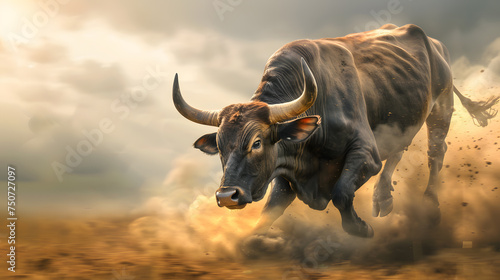 A buffalo or bull running fast in the field with dusk effect photo