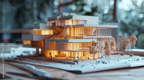 This meticulously crafted architectural model showcases a modern building complex with illuminated interiors, detailed landscaping, and miniature figures.