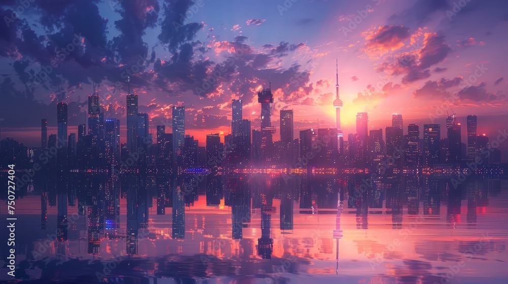 Serene twilight descends on a cityscape, with the skyline's lights reflected perfectly on the calm waterfront below.