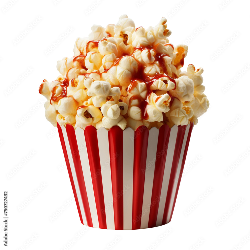3d rendering close up red white paper bucket full of popcorn organic crispy tasty corn - isolated on transparent background png. Healthy lifestyle concept