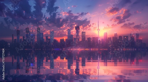 Serene twilight descends on a cityscape, with the skyline's lights reflected perfectly on the calm waterfront below.