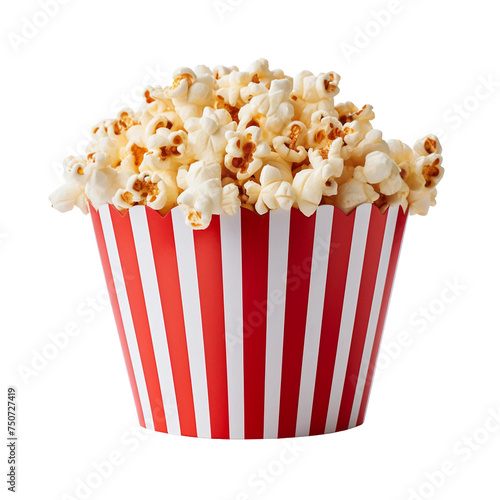 3d rendering close up red white paper bucket full of popcorn organic crispy tasty corn - isolated on transparent background png. Healthy lifestyle concept