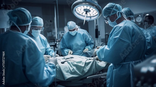 Diverse surgeons wearing surgical gowns operating on patient in operating theatre at hospital