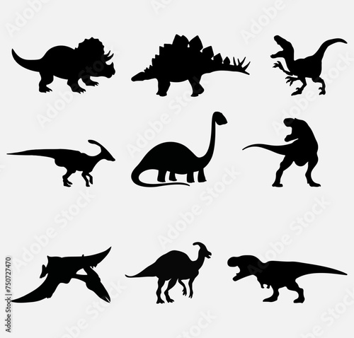 Set silhouettes of dinosaurs. Vector illustration group of black dinosaur silhouette icons isolated on white. Logo side view