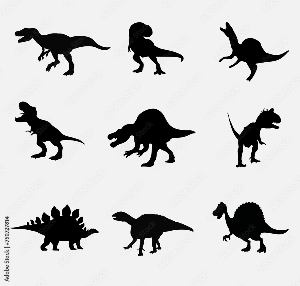 Set silhouettes of dinosaurs. Vector illustration group of black dinosaur silhouette icons isolated on white. Logo side view Set silhouettes of dinosaurs. Vector illustration group of black dinosaur silhouette icons isolated on white. Logo side view