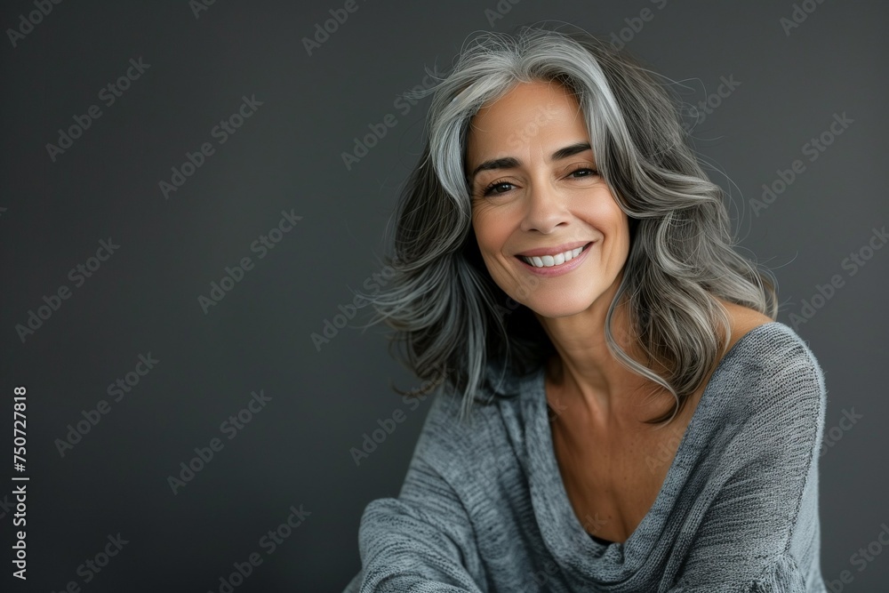 Smiling natural beautiful middle-aged woman on a gray background Smiling natural beautiful middle-aged woman on a gray background