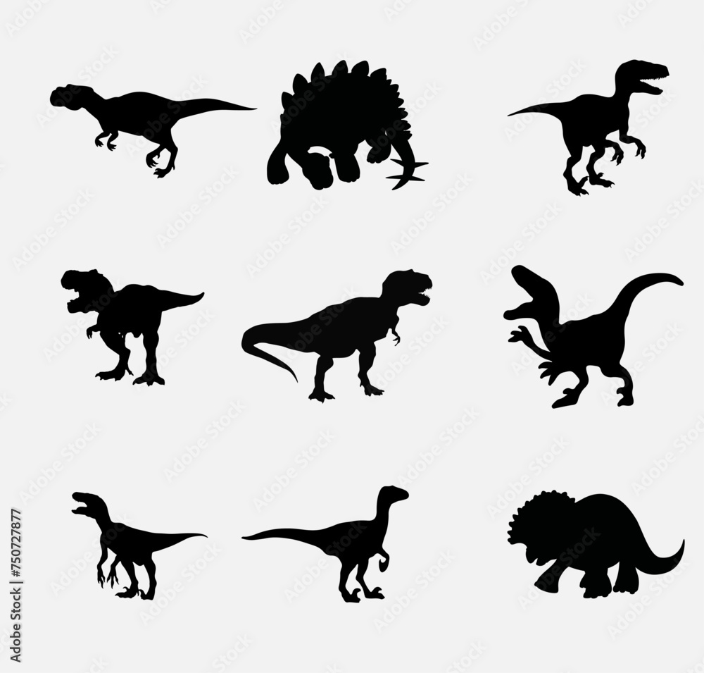 Obraz premium Set silhouettes of dinosaurs. Vector illustration group of black dinosaur silhouette icons isolated on white. Logo side view