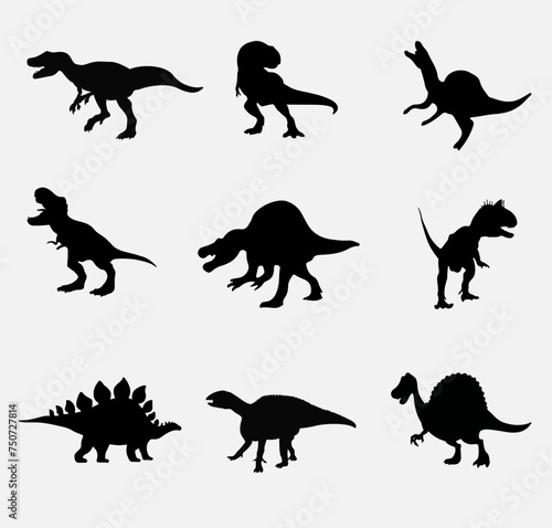 Set silhouettes of dinosaurs. Vector illustration group of black dinosaur silhouette icons isolated on white. Logo side view