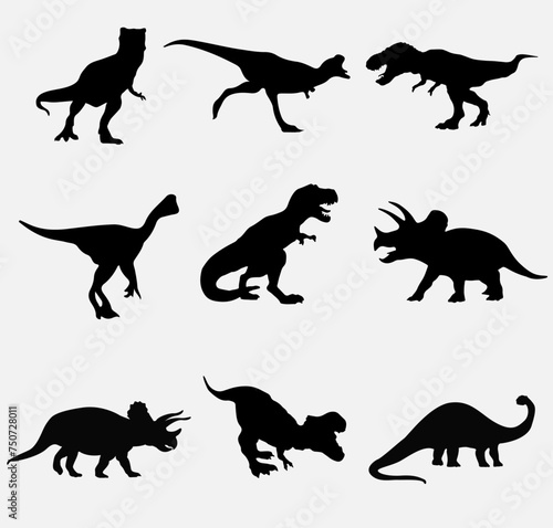 Set silhouettes of dinosaurs. Vector illustration group of black dinosaur silhouette icons isolated on white. Logo side view