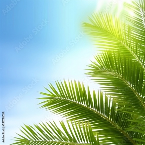 Design element for presentation layout on blurry background with blue sky sunny light. Palm leave closeup realistic