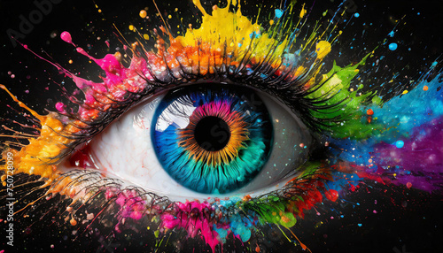 a colorful eye with paint splatters on the black background