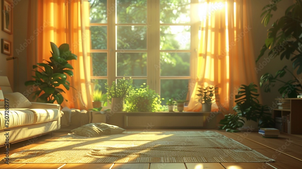 Photorealistic image of simple Modern living room with sofa and furniture in daylight