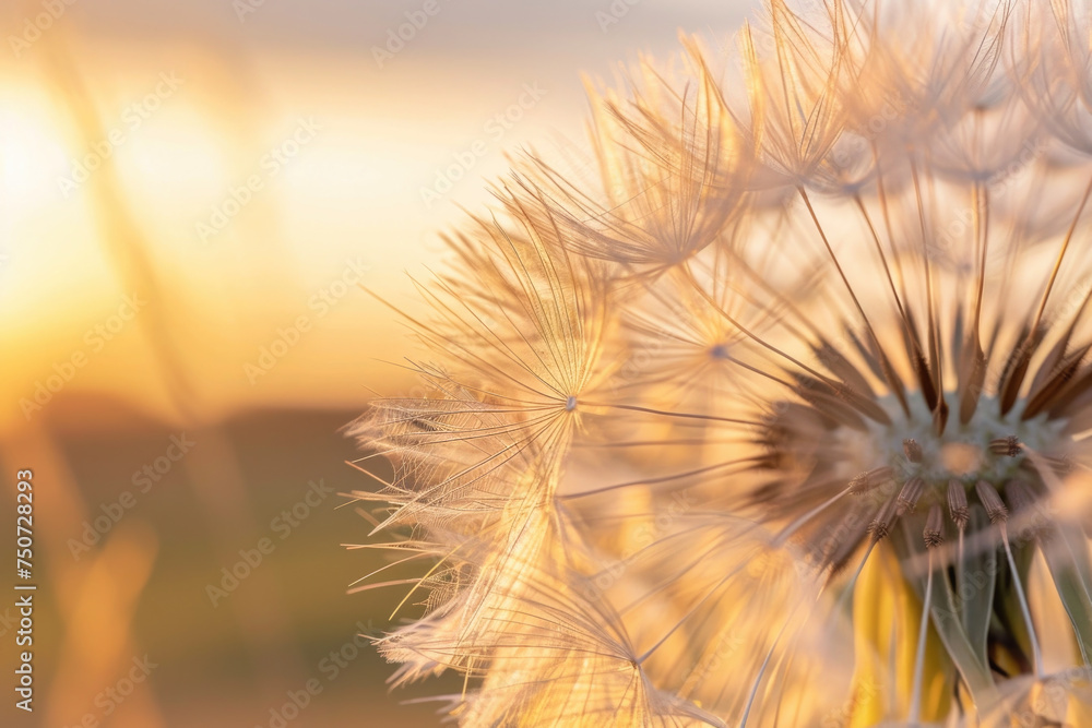 Dandelion in field at sunset 