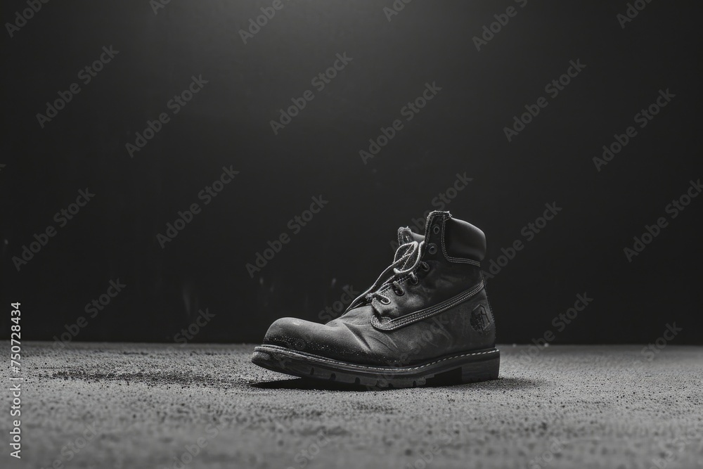 hard work on Labor Day by photographing a solitary work boot against a stark, monochromatic background. - obrazy, fototapety, plakaty 
