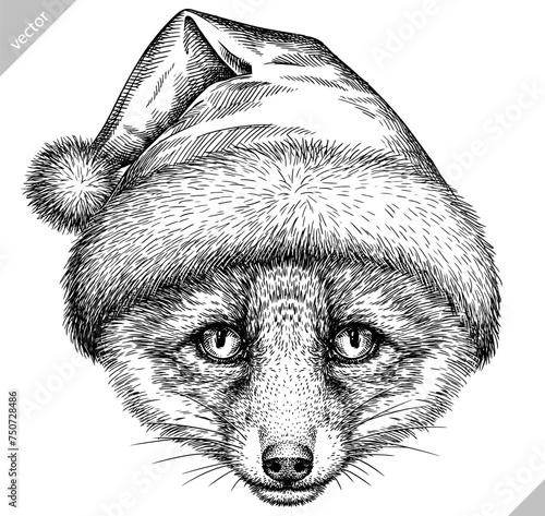 Vintage engraving isolated fox set dressed christmas illustration ink santa costume sketch. Wild animal background foxy animal silhouette new year hat art. Black and white hand drawn vector image