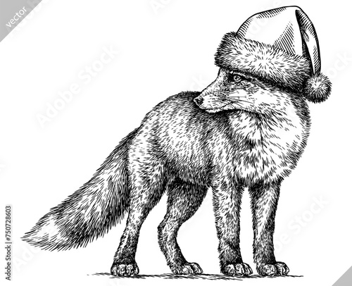Vintage engraving isolated fox set dressed christmas illustration ink santa costume sketch. Wild animal background foxy animal silhouette new year hat art. Black and white hand drawn vector image
