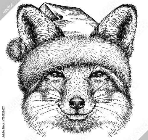 Vintage engraving isolated fox set dressed christmas illustration ink santa costume sketch. Wild animal background foxy animal silhouette new year hat art. Black and white hand drawn vector image