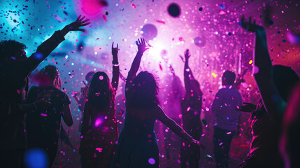 Dynamic scene of people dancing and celebrating at a party or club with confetti in the air and colorful lights in the background.