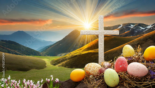 easter eggs in the meadow with religion Christian cross © Animaflora PicsStock