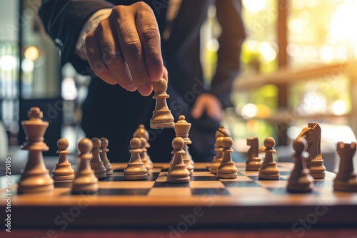 Businessman Contemplates Chessboard, Mastering Tactics and Planning for Success