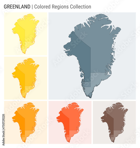 Greenland map collection. Country shape with colored regions. Blue, Grey, Yellow, Amber, Orange, Deep Orange, Brown color palettes. Border of Greenland with provinces for your infographic.