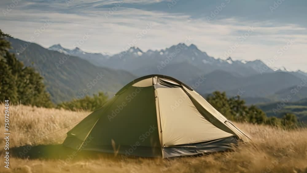 Camping in nature. Tent with mountains in the background Camping in nature. Tent with mountains in the background
