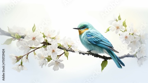 Blue Bird Perched on Blossoming Tree Branch