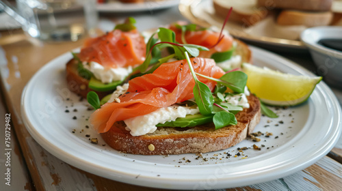 Avocado toast with smoked salmon for breakfast, homemade cuisine and traditional food, country life