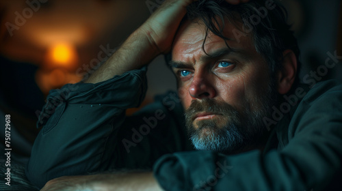 Attractive depressed and upset man at home bedroom . dramatic lifestyle portrait of 30s to 40s handsome guy sitting sad on bed feeling worried and desperate suffering depression problem © Nataliia