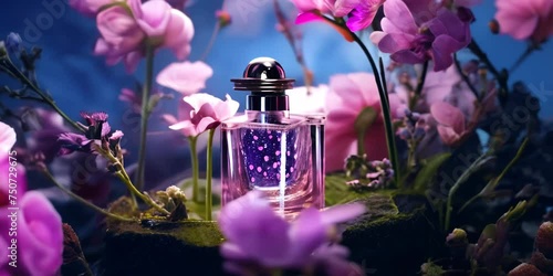 Anamorphic shot of a bottle of perfume rotates in flowers with liquid splash. High quality 4K photo