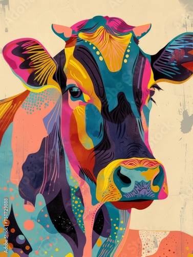 A painting featuring a cow in vibrant and colorful hues, adding a playful and artistic twist to the traditional depiction of the animal. © pham