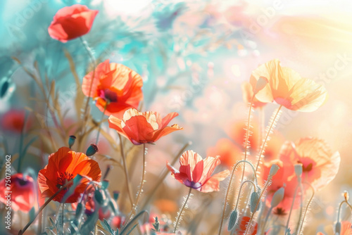 Beautiful meadow with red poppy flowers in the sunlight