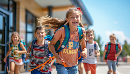 Beautiful portrait caucasian girl kid with school bag laughing at camera when group of pupils running out school on the last studying day before holidays. People's emotions and education concept image