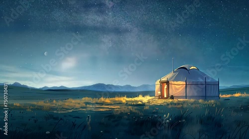 A rustic Mongolian ger nestled in the vast steppes, with views of rolling grasslands at night. Fantasy landscape anime or cartoon style, looping 4k video animation background photo